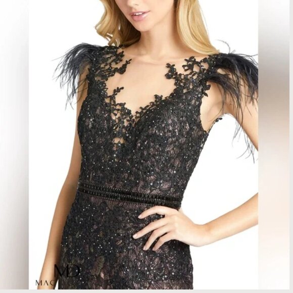 Mac Duggal 79230 Size 12 Black Feather Sleeve Illusion Neck Trumpet Gown Dress - Picture 5 of 5